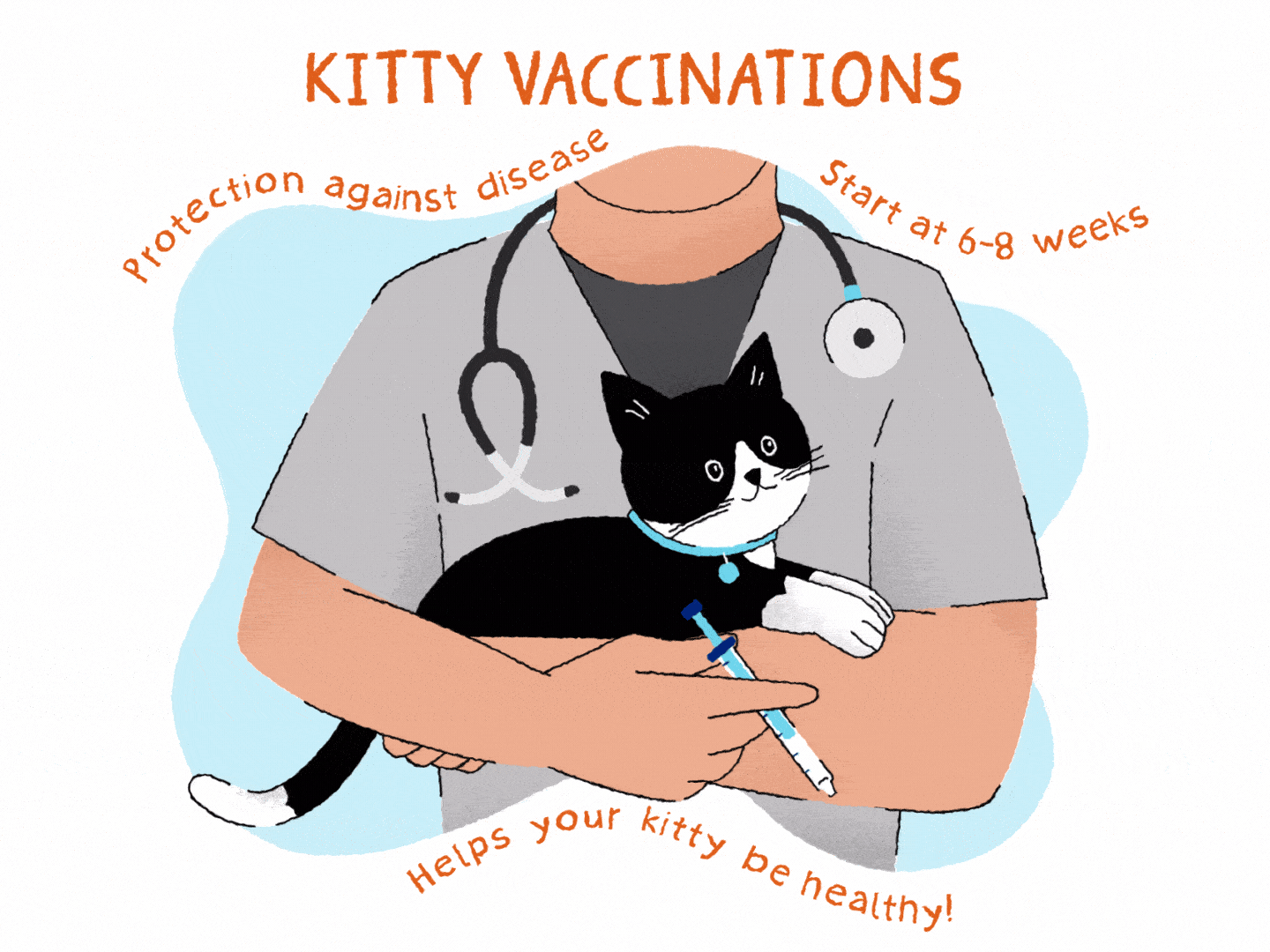 Illustration of a veterinary professional holding a black and white cat