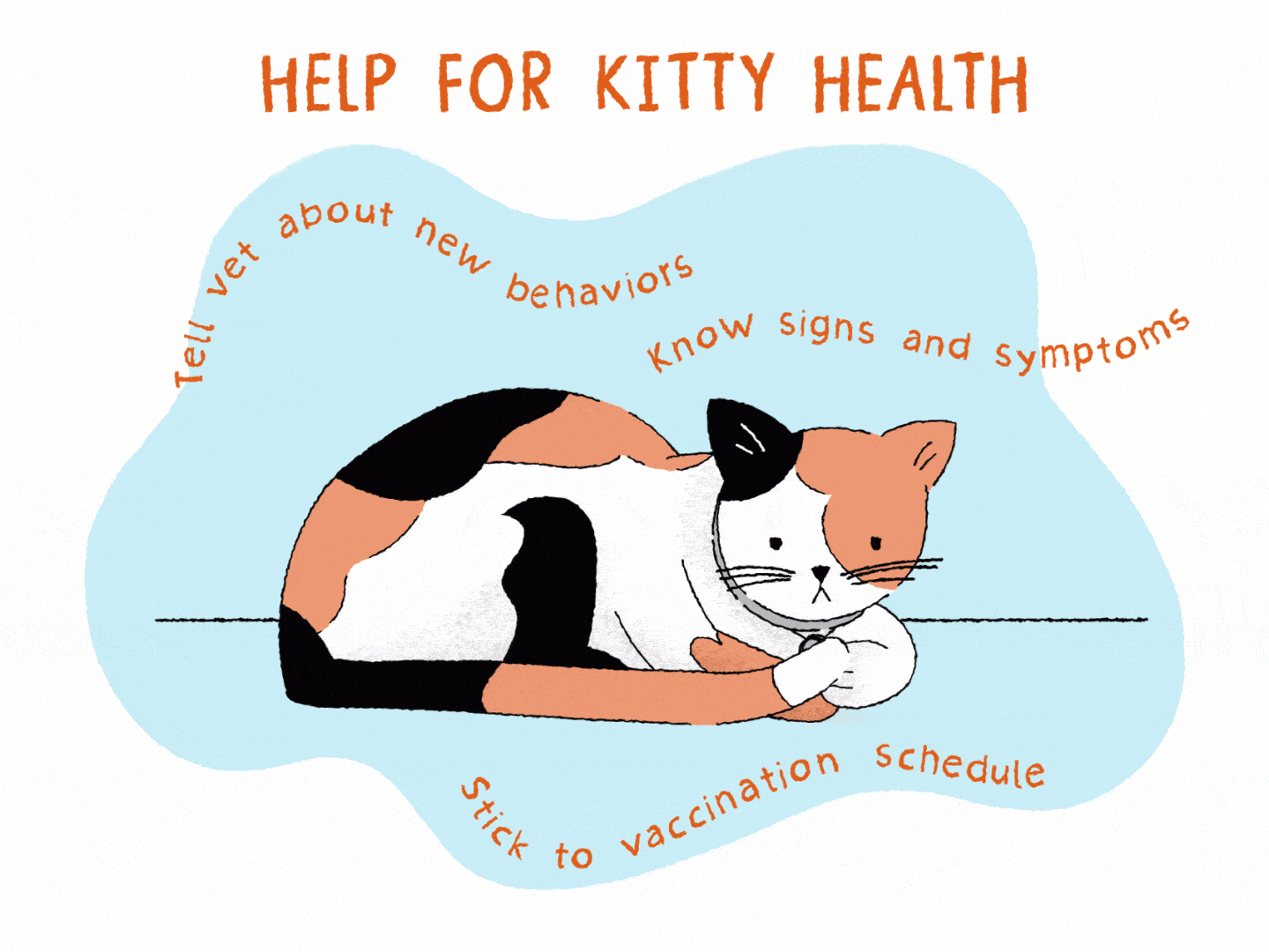 Illustration of a Calico cat curled up on the ground 