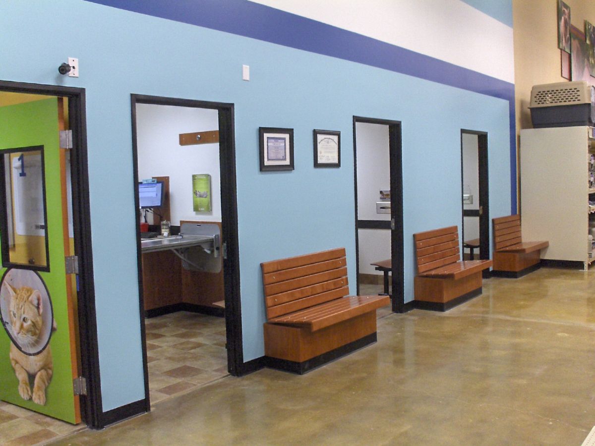 A view of the Lewisville Banfield exam rooms and lobby
