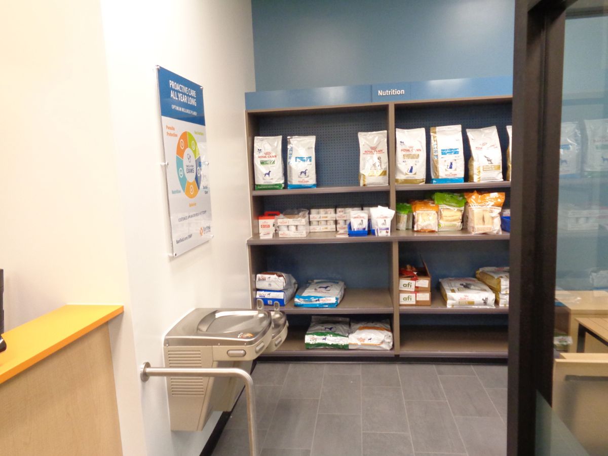 The food and supply shelves at the Banfield - Mansfield hospital