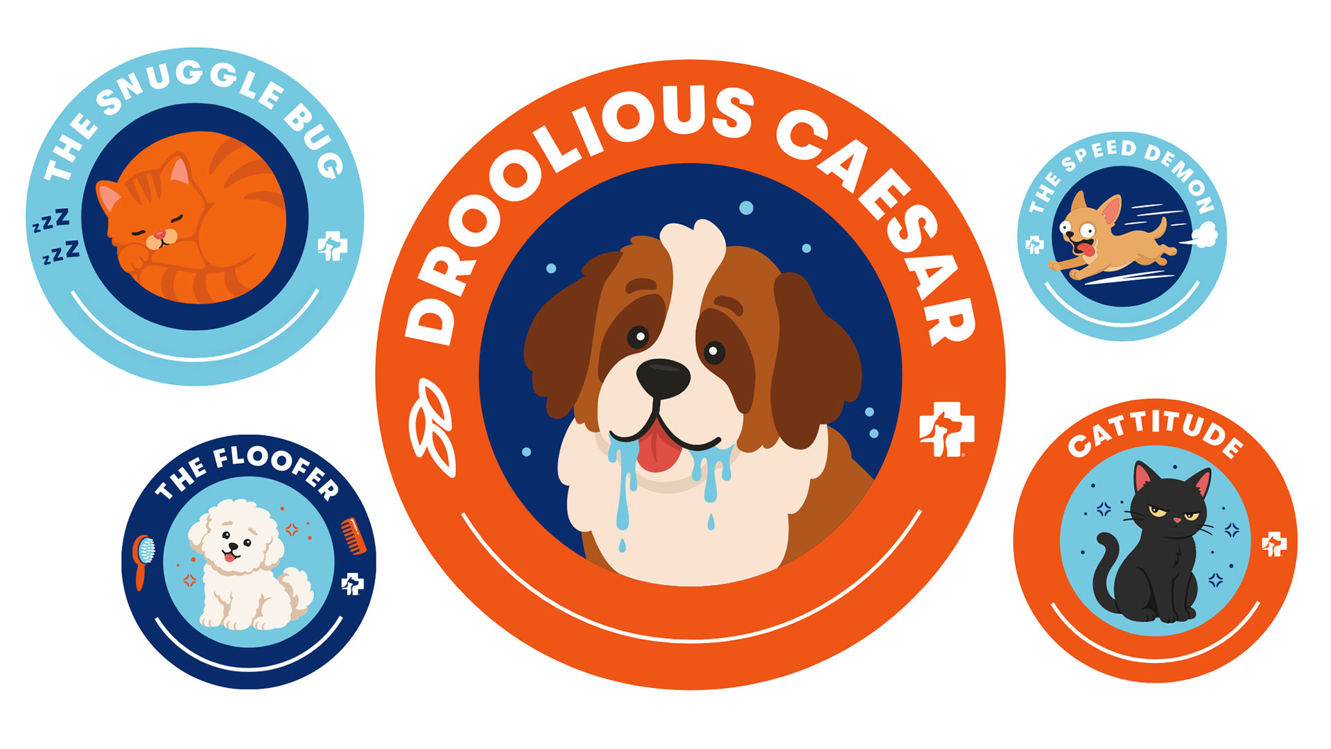 Illustration of three dogs and two cats 