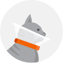 Illustrated icon of a grey cat wearing a cone collar