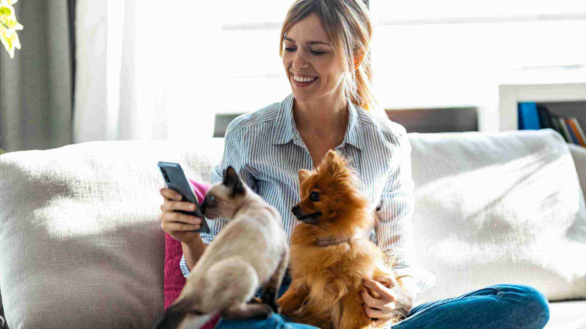 A woman with her Pomeranian on her phone