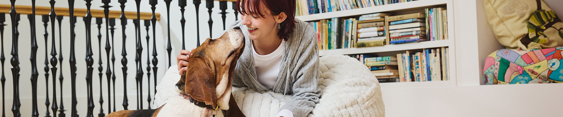 Smiling woman petting a beagle on a white chair in a cozy room with bookshelves.